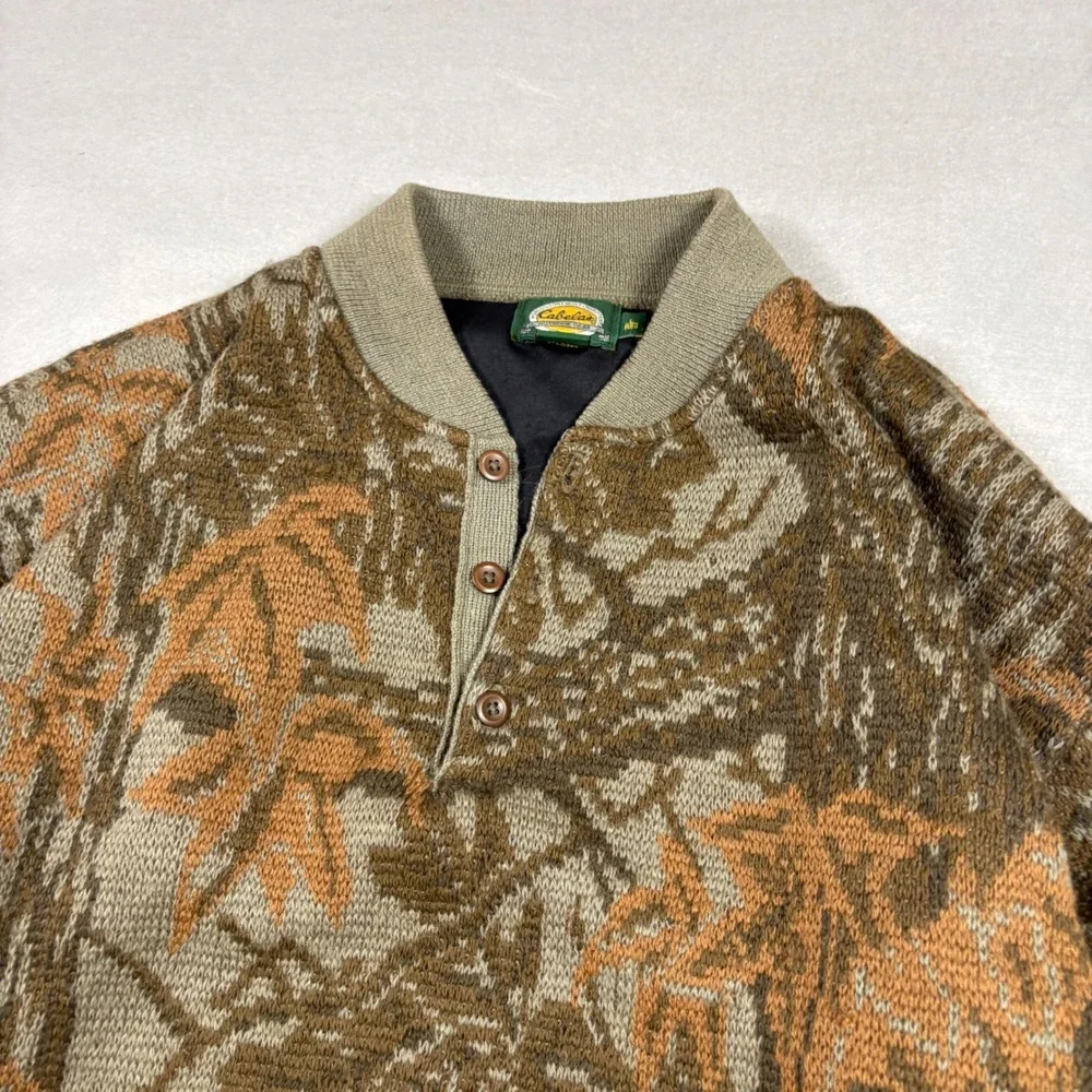 Cabelas Wool Gore Windstopper Lined Sweater Mens Large Camo Henley Made in USA